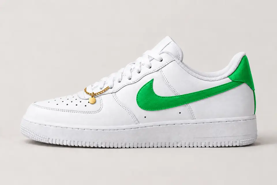 Air Force 1 Chaîne Or Talon Peint coloris blanc et vert, vue de profil