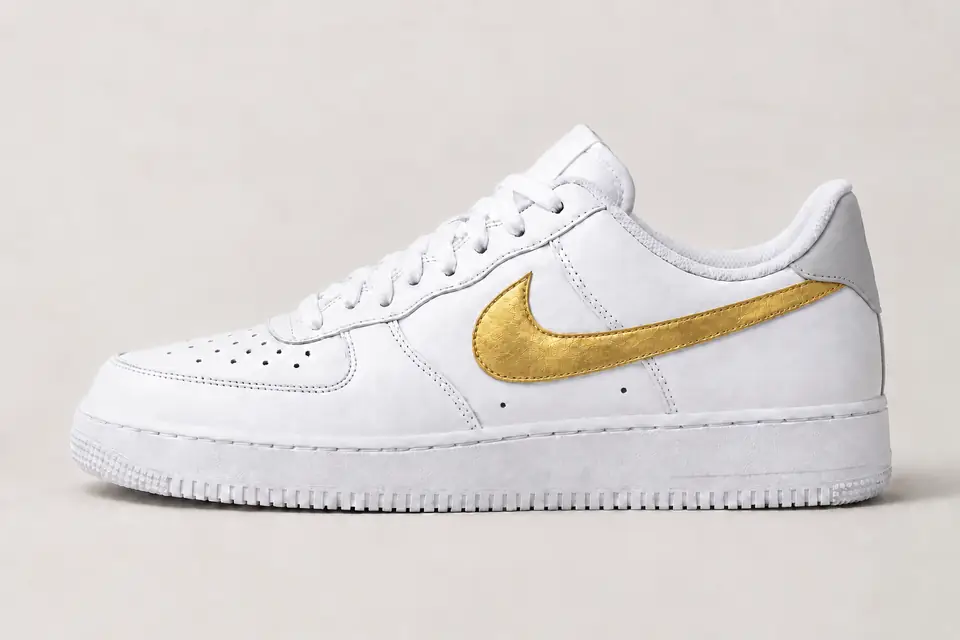 Air Force 1 White Grey Gold coloris or, vue de profil
