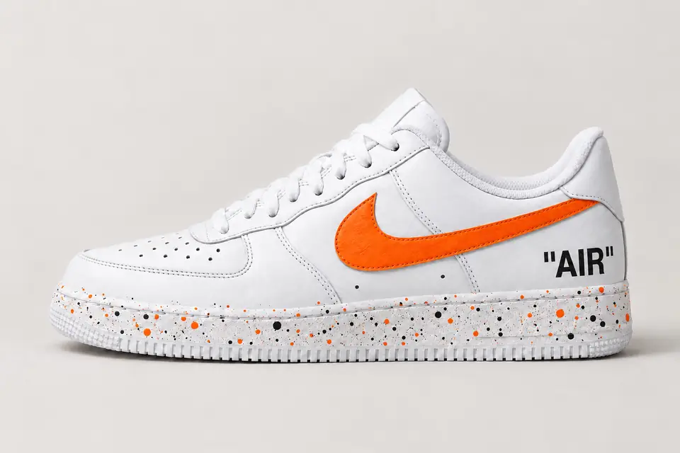 Air Force Off-White Jaune Splash coloris noir et orange, vue de profil