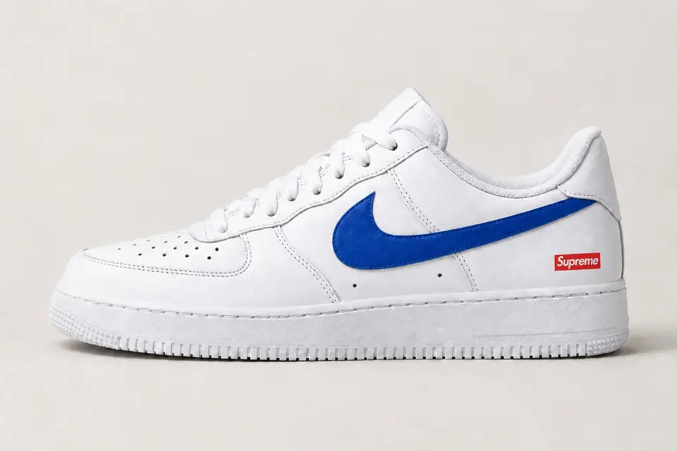 Air Force Supreme Noir Minimal 2 coloris blanc et bleu, vue de profil