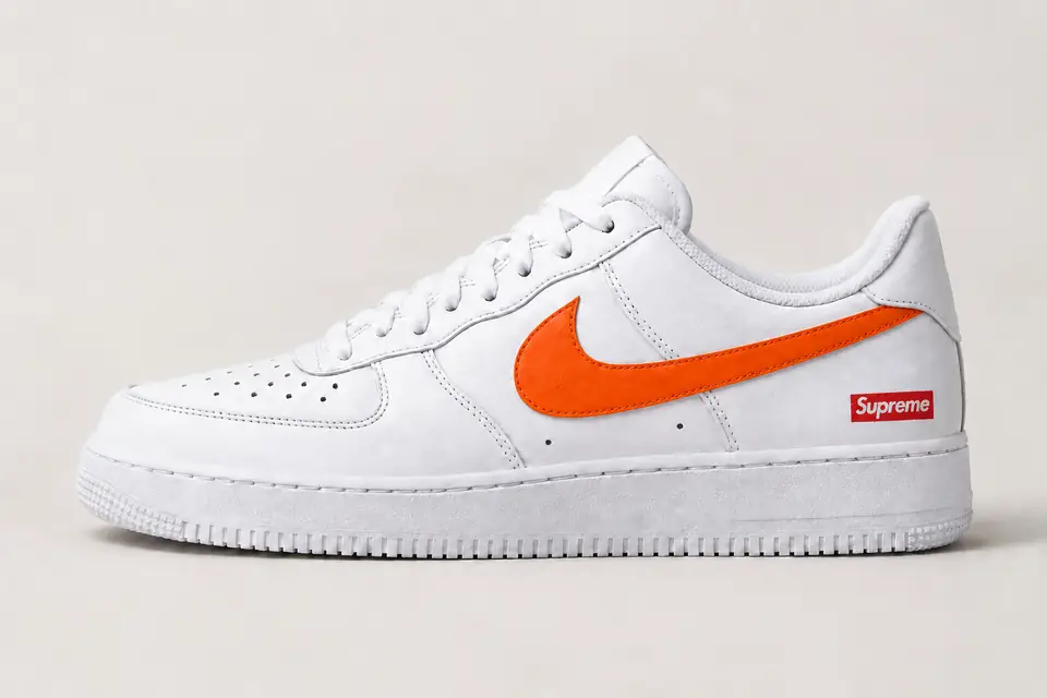 Air Force Supreme Noir Swoosh Peint 2 coloris orange, vue de profil
